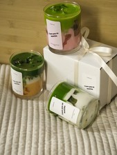 Matcha Latte Handmade Soy candle set with matches jar, scented, two wicks