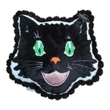NEW Plush Black Happy Cat Sparkly Halloween Decorative Pillow 16x16