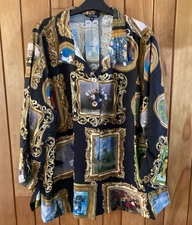 New John Mark Plus Top 3X Button Front Long Sleeve Black Frames Art