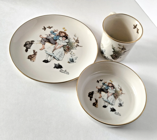 GORHAM ROCKWELL 3 pc CHILD DINNER SET Spring Duet Plate Bowl Mug Mint - Picture 3 of 17