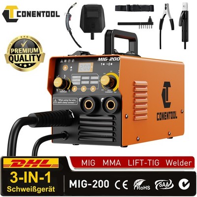 CONENTOOL Fülldraht Schweißgerät 200A 220V 3 IN1 MIG/MMA/TIG Gaslos mit Zubehör