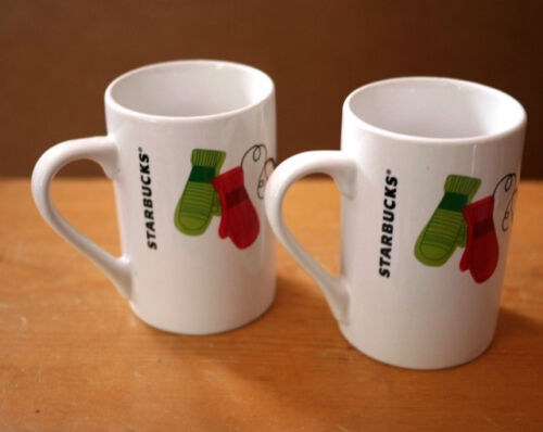 Pair 2 STARBUCKS 2011 Holiday White Coffee Mug Cup Red Green Mittens Bird 10 oz