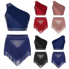 Damen Lyrisch Tanzkleid Ärmellos Crop Tops Rock Slips Kleid Latein Modern Dance