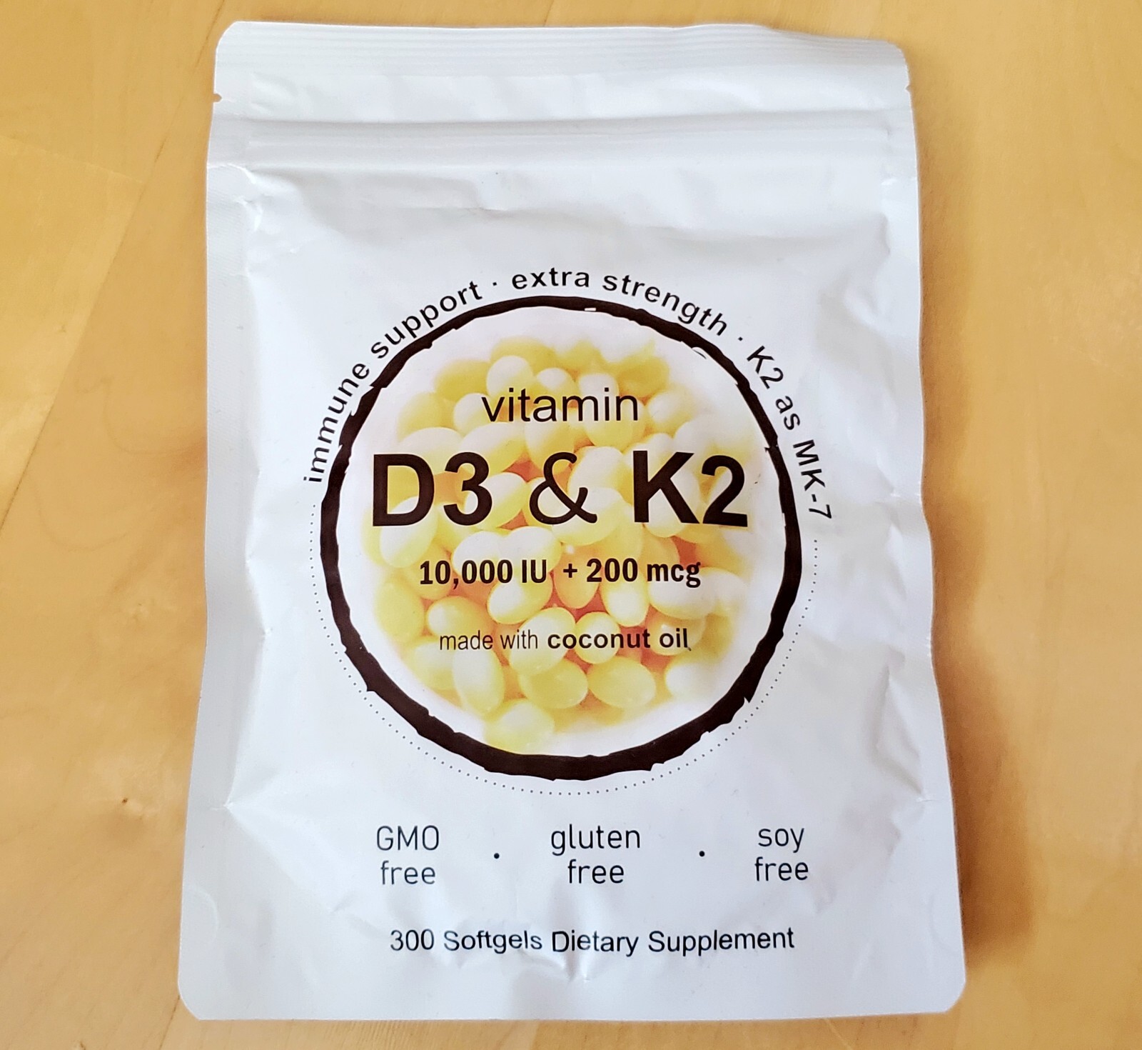 Qty 300 of Vitamin D3 10,000IU + K2 200mcg (MK-7) softgel capsules, Exp 7/2026