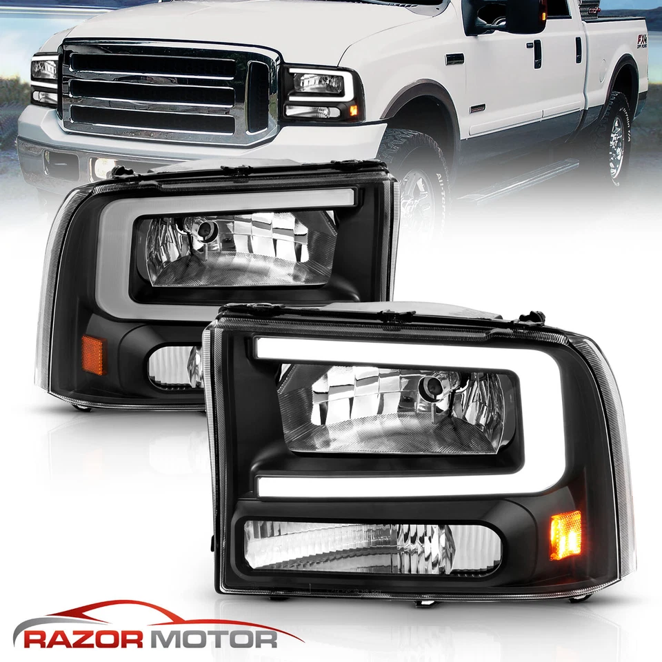 1999-2004 [LED C Bar] For Ford F250/F350 Superduty Excursion Black Headlights - Image 2 of 4