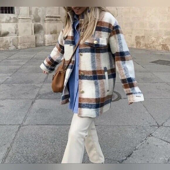 Zara Oversized Wool Blend Plaid Shirt Jacket Cream Brown Zara Oversized Wool Blend Plaid Shirt Jacket Cream Brown