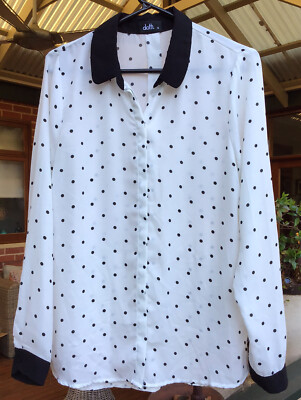 Dotti Black Ivory Off White Polkadot Semi Sheer Chiffon Blouse Shirt