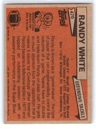 Randy White HOF Autographed Signed Card 1981 Topps #470 Auto - Picture 2 of 2