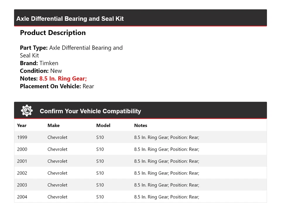 For 1999-2004 Chevrolet S10 Axle Differential Bearing and Seal Kit Rear Timken - Image 2 of 3