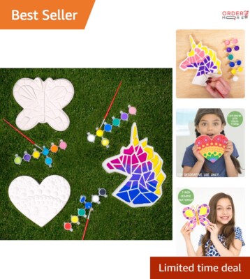 3 Ceramic DIY Stepping Stones 7'' with 18 Acrylic Paints for Kids Creative Fun