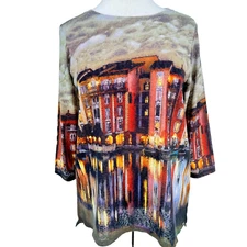 FDJ Womens Top Small Twilight in Venice 3/4 Sleeve Lightweight Art to Wear Shirt