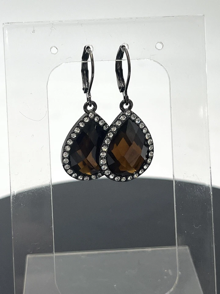 Joan Rivers Gunmetal смолы и кристалл сладкий маленький коричневый слезы капли серьги новый - Изображение 2 из 4
