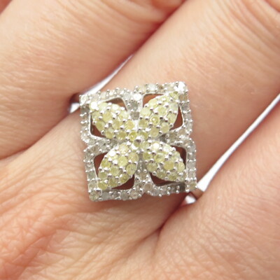 925 Sterling Silver Real Yellow & White Diamond Ring Size 9