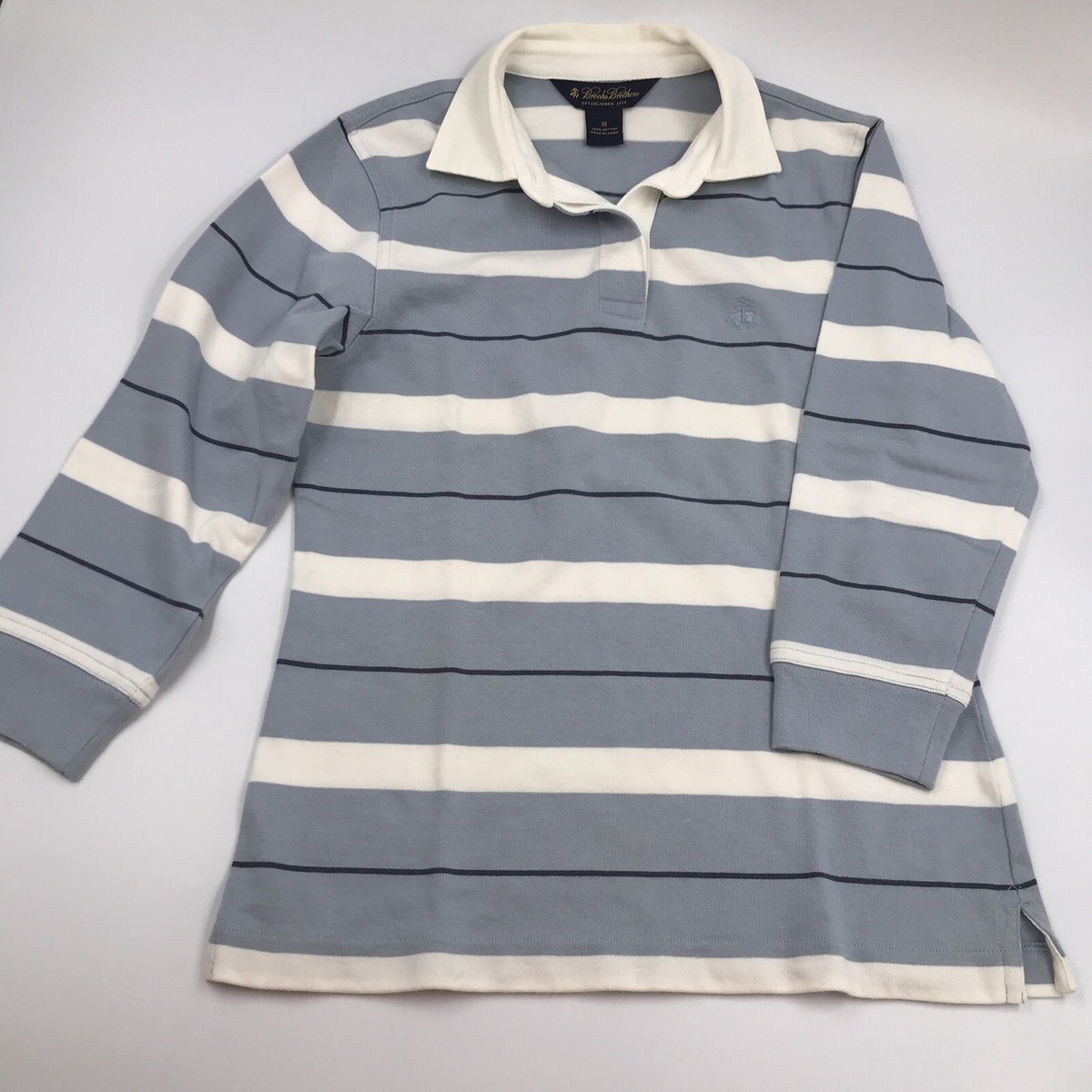 VTG Brooks Brothers Blue and White Striped Polo Shirt Women's Size XS 3/4  Sleeve