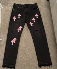 Chrome Hearts Pink Cross Gray Distressed Jean...