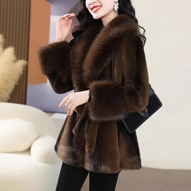 Women's Long Fur-Trimmed Belted Overcoat Medium Winter Outerwear-image