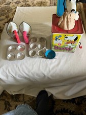 LOT OF EARLY CHILDRENS TOYS- Muffin tins, Irons, tea cup and Snoopy Jack in box