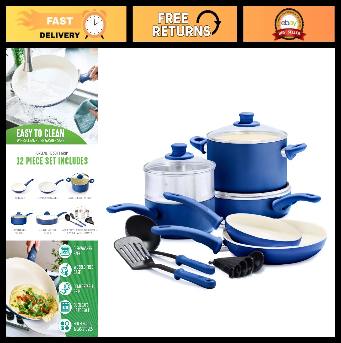 12-Piece Ceramic Nonstick Cookware Set - PFAS-Free, Dishwasher Safe, Blue Pots &