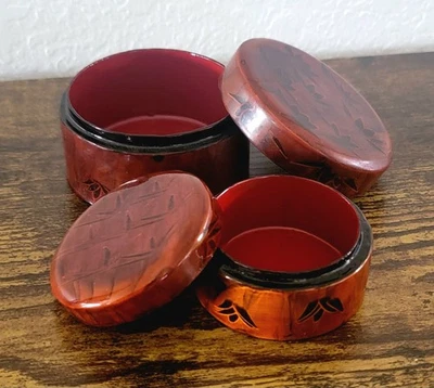 Japanese Lacquerware Nesting Trinket Box Handcrafted Wood Etched Bamboo Vintage - Image 1 of 4