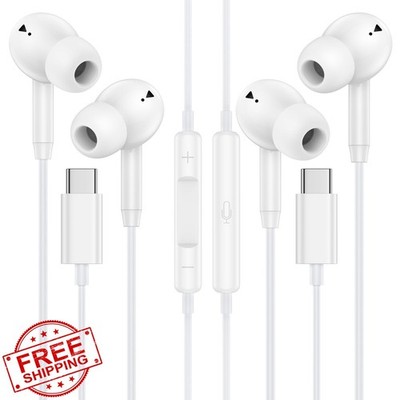 ABCPOW Wired USB C Earbuds Headphones Mic 2 Pack