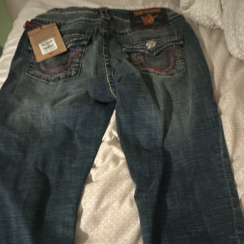 True Religion Women’s Straight Leg Medium Wash Blue Denim Jeans Flap Pockets