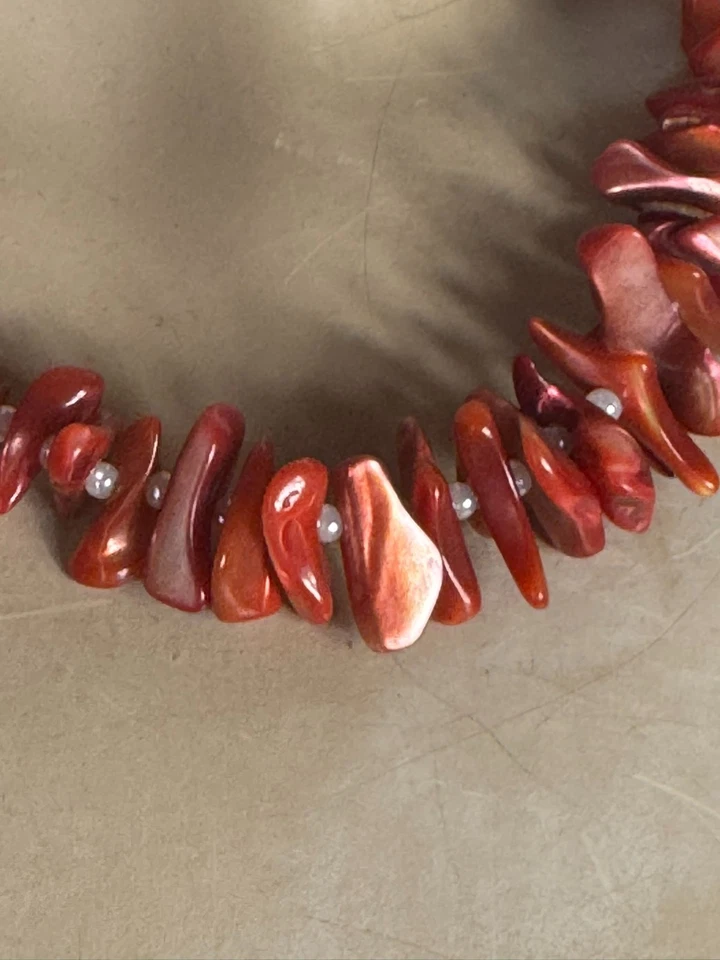 Vintage Korallenkette rot orange Natur Look Splitter Perlen 48 cm Sommer Boho - Bild 2 von 4