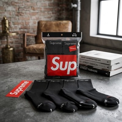 Supreme x Hanes Crew Socks Black 4-Pack Men's Size 6-12 NWT