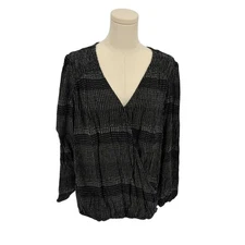 KNOX ROSE Women's Black White Textured V Neck Wrap Style Blouse Size L
