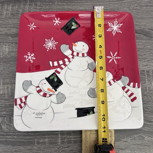 St. Nicholas Square TREE LOT 11.25" Square Dinner Plate Snowman Red & White - Picture 3 of 5