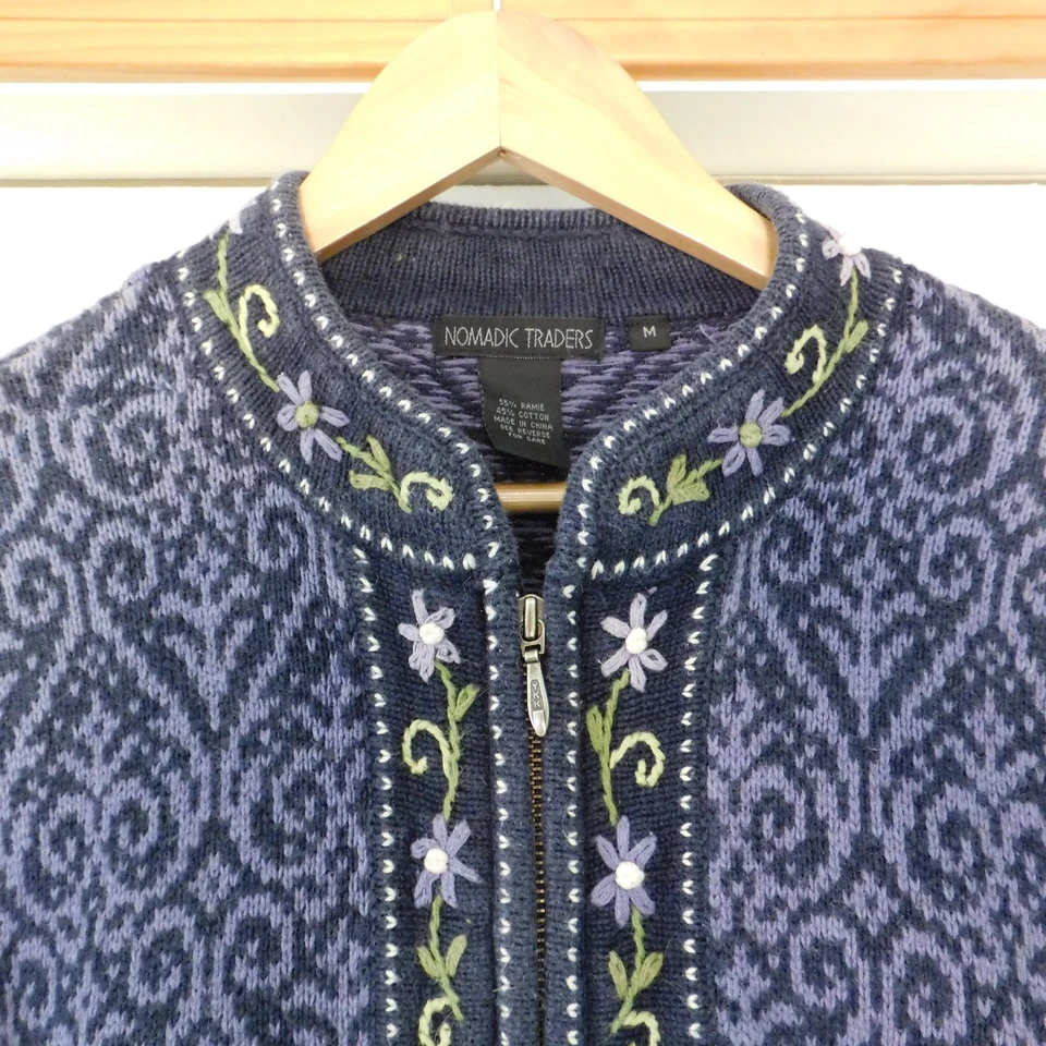 Cárdigan Suéter Nomadic Traders Para Mujer M Púrpura Cremallera Completa Ramie Algodón Flores Foto 2 de 4