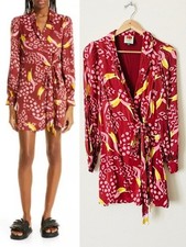 Farm Rio SMALL Toucanissimo long sleeve burgundy red printed wrap mini dress