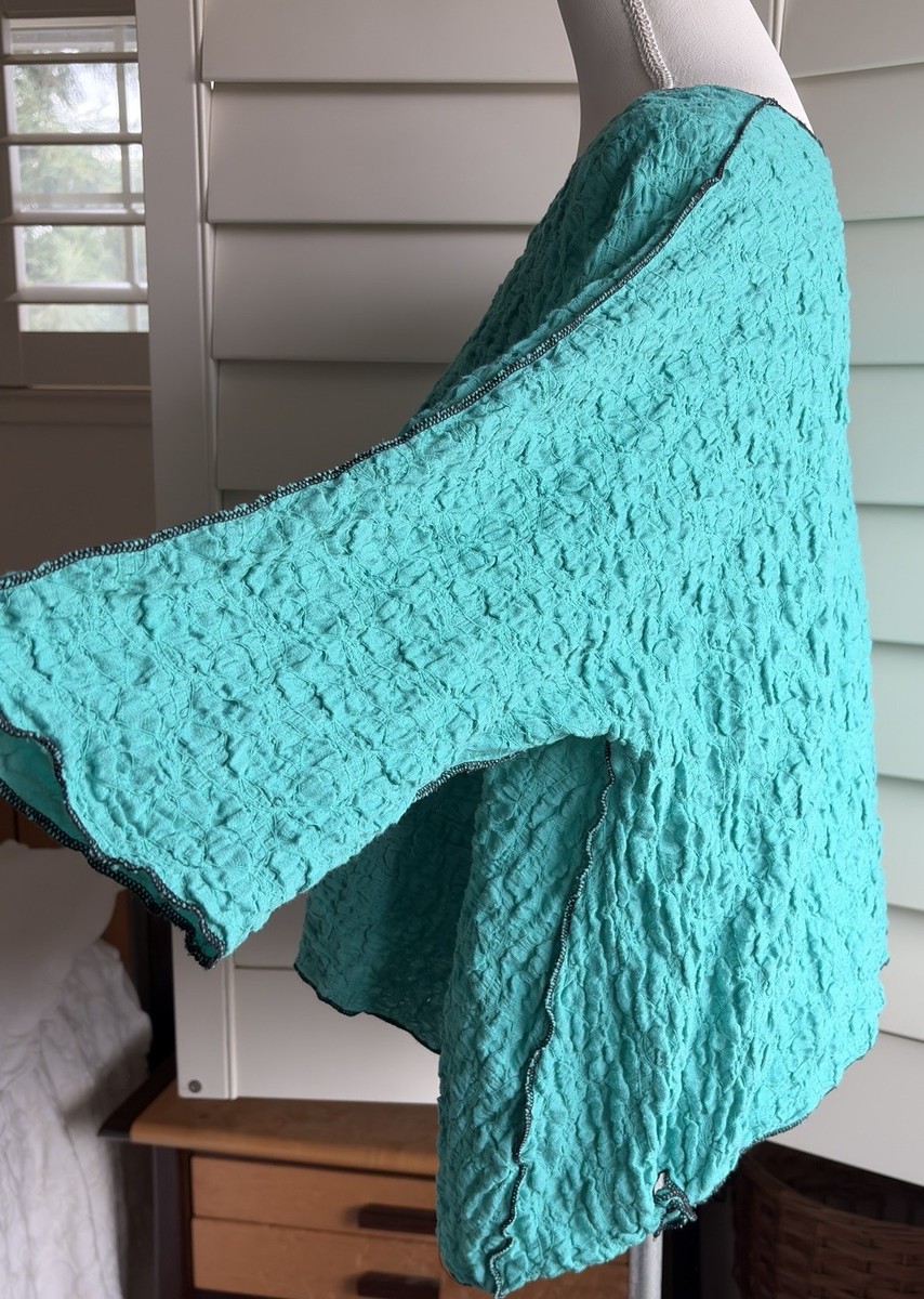 Nobul Women XL Aqua Crinkle Tunic Top Shark Bite Tie Lagenlook Made USA View 2