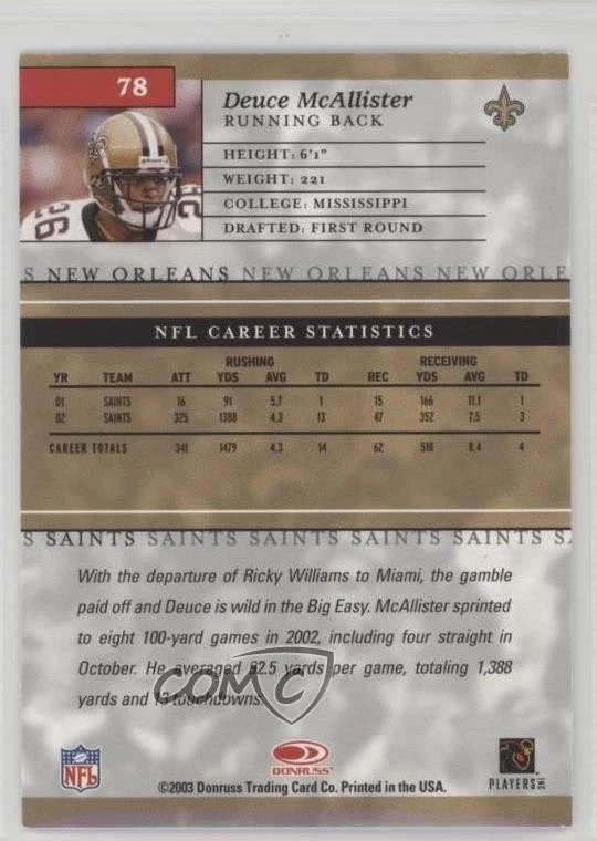2003 Donruss Elite Deuce McAllister #78 - Image 2 of 2