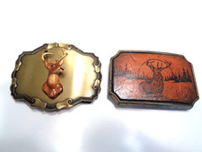 BUCK DEER BRASS BELT BUCKLE'S 3-D RAINTREE BRASS/LEATHER BUCKLE