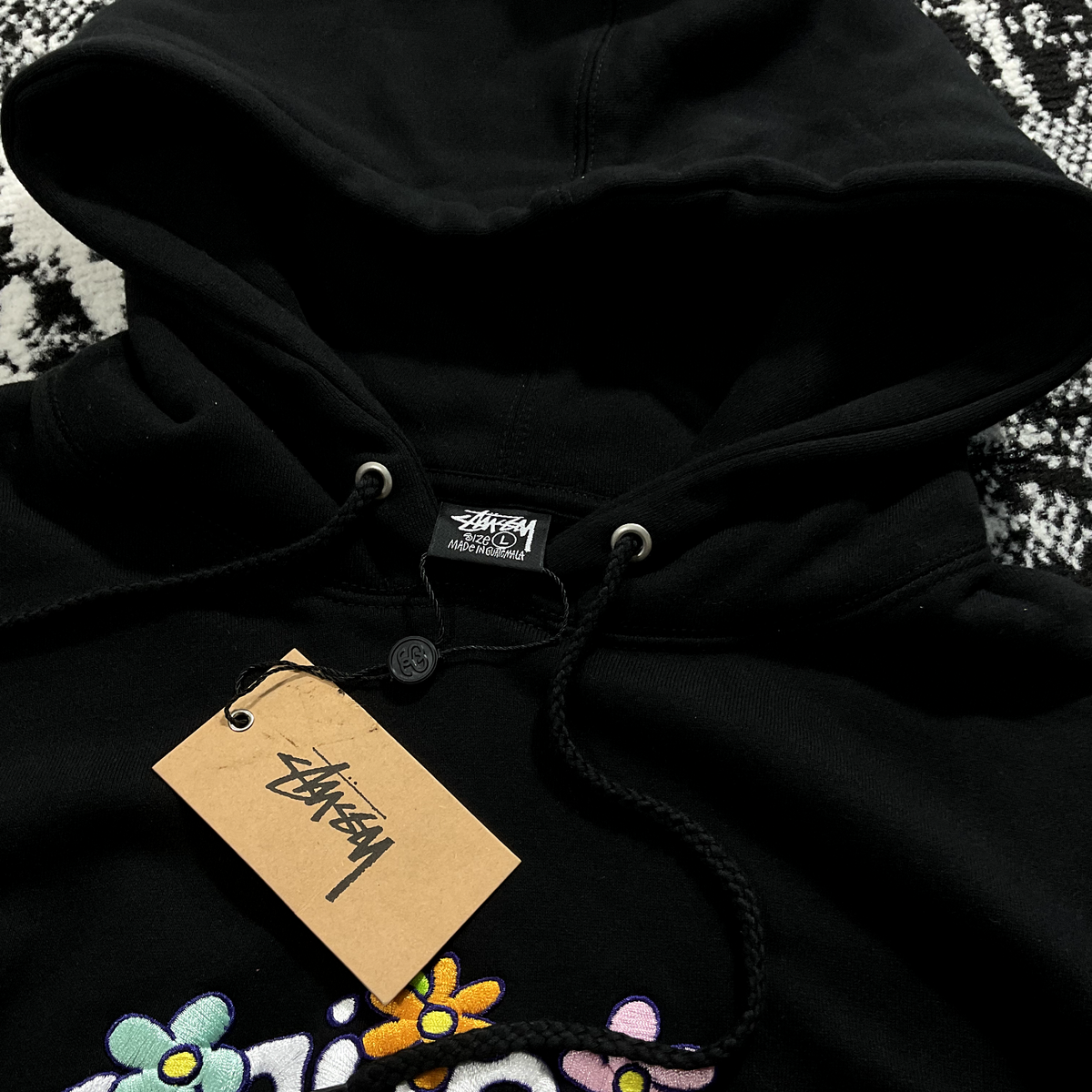 STUSSY COLLEGIATE FLORAL APP HOODIE BLACK - LARGE Y2K WINTER 