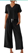 Ekouaer Women's S Black Cotton Lounge Set Short Sleeve Top Wide Leg Cropped NWOT