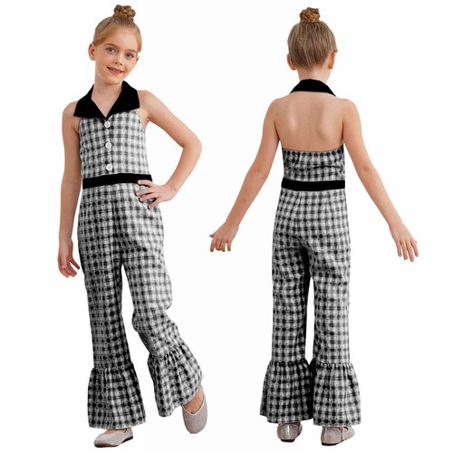Kids Girls Rompers Backless Bodysuit Cosplay Overalls Plaid Jumpsuit Casual 70s - Picture 54 of 65