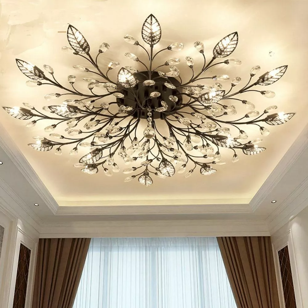 Modern Flush Mount Leaves Gold Black Crystal Ceiling Chandelier