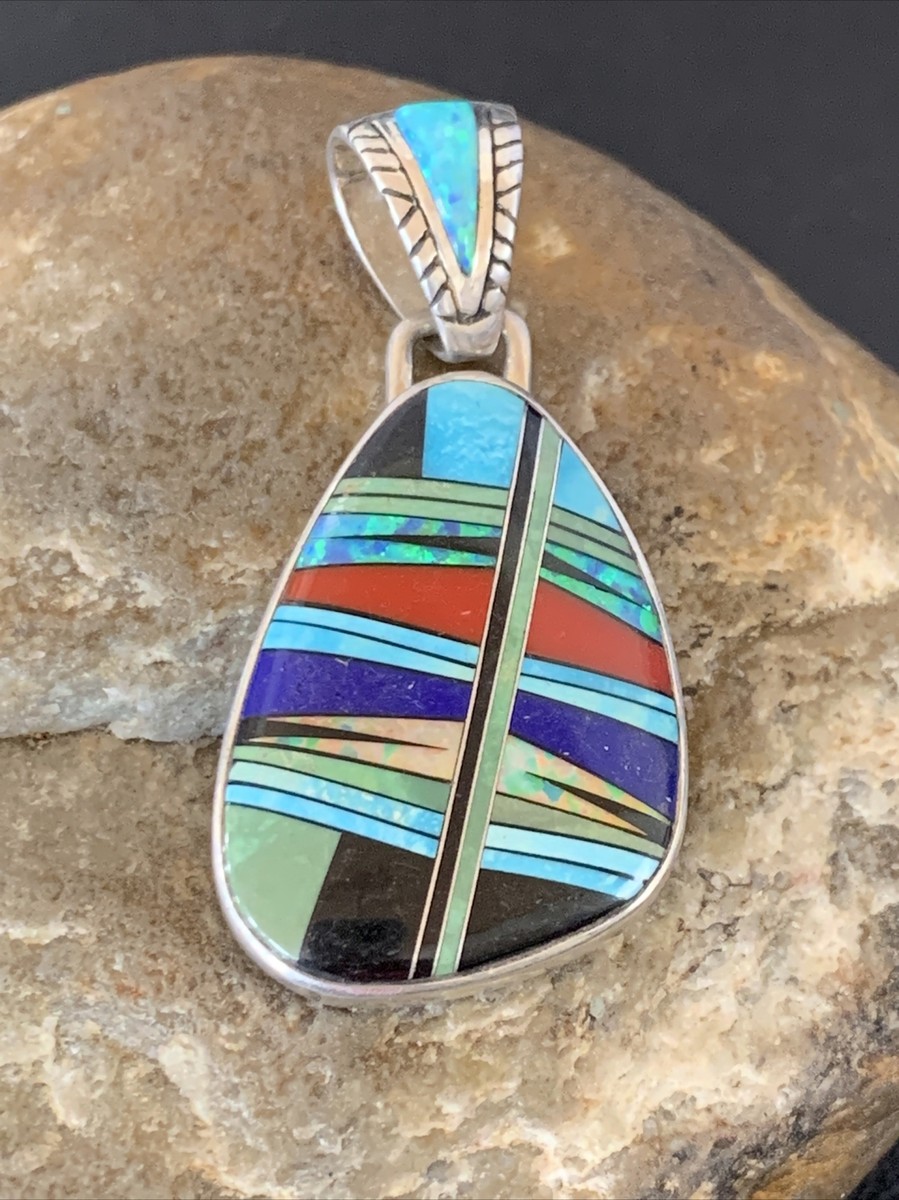 Womens Turquoise Coral & Opal Navajo Sterling Silver Inlay