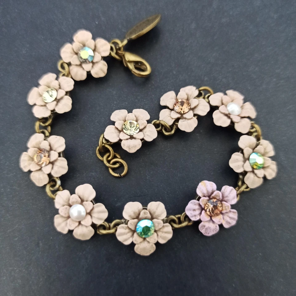 Michal Negrin Bracelet Pastel Pink/Peach/Beige Enamel Flowers Romantic Crystals - Image 2 of 4