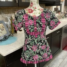 Koi By Kathy Peterson Scrub Top Pockets Elastic Cinch Small Cotton Floral Print