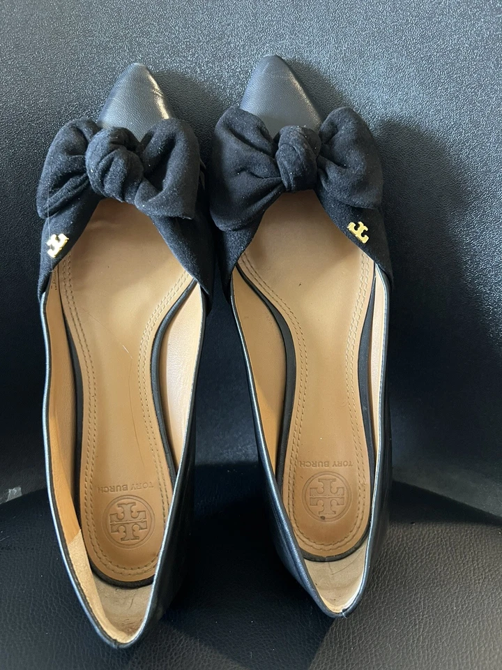 Bailarinas Tory Burch talla 7 Rosalinda de cuero negro estampadas planas con lazo Foto 3 de 4