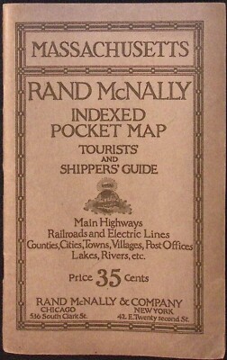 1920 Massachusetts Rand McNally Indexed Pocket Map for Tourists Shoppers