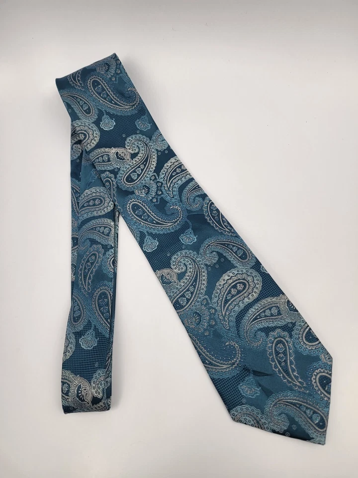 Gravata masculina paisley prata verde azul seda flecha 59 x 3,25 - Imagem 2 de 4
