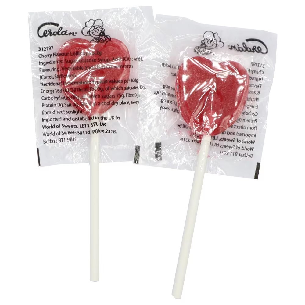 200 X Cherry Heart Lollipops 5.2gBag