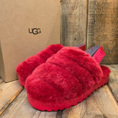 WOMENS UGG SUPER FLUFF SLIDE RED SHEEP WOOL SLINGBACK SLIPPER SANDAL NIB
