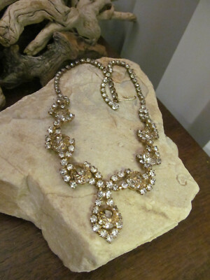 Vintage Brass Miriam Haskell era Baroque Crystal Filigree Collar Necklace