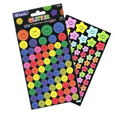 BAZIC Glitter Reward Stickers 144 Count – Smile Face, Stars, Teacher Supplies