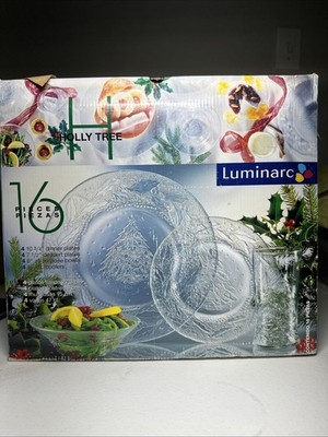 Luminarc Holly Tree 16pc dinnerware set embossed glass Christmas tree holly