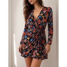 RESA Iris Floral Faux Wrap Mini Dress Black Multicolor Long Sleeve Size Small